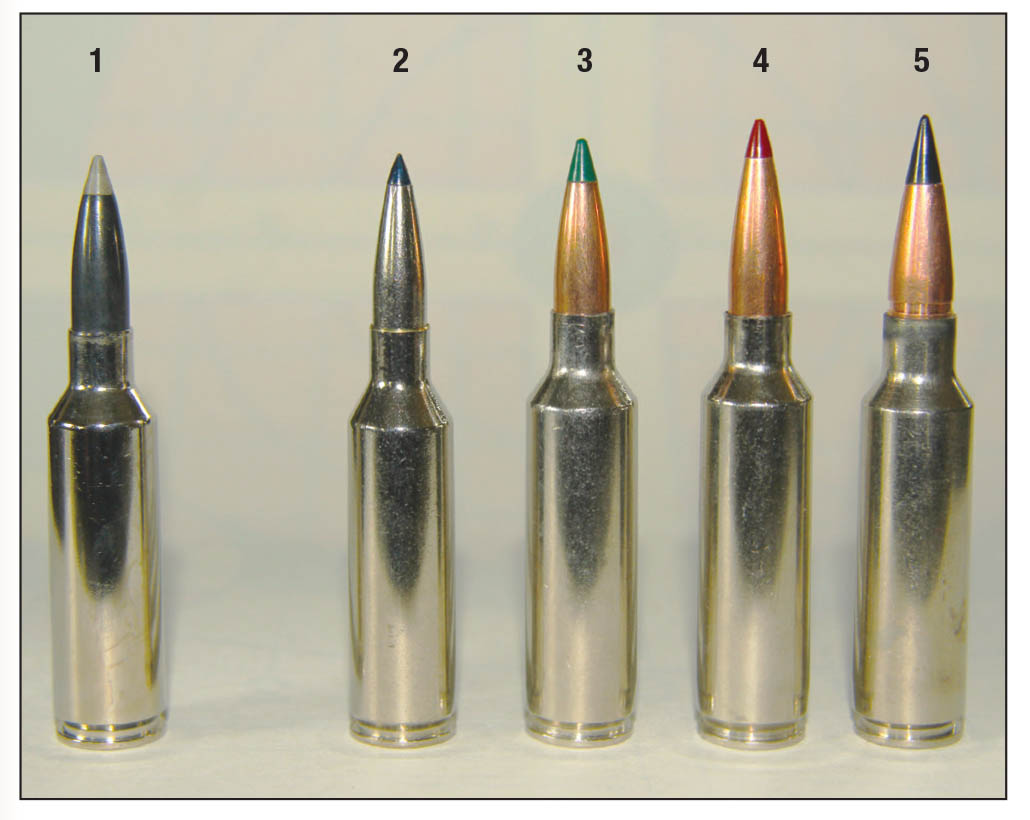 Shown for comparison: (1) 6.8 Western under discussion, (2) 6.5 PRC, (3) 270 Winchester Short Magnum (WSM), (4) 7mm WSM and (5) 300 WSM. The 6.8 Western was created by shortening the 270 WSM case.